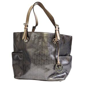 Michael Kors Womens Metallic Silver Signature Jet Set Lg Tote Purse Shoulder Bag